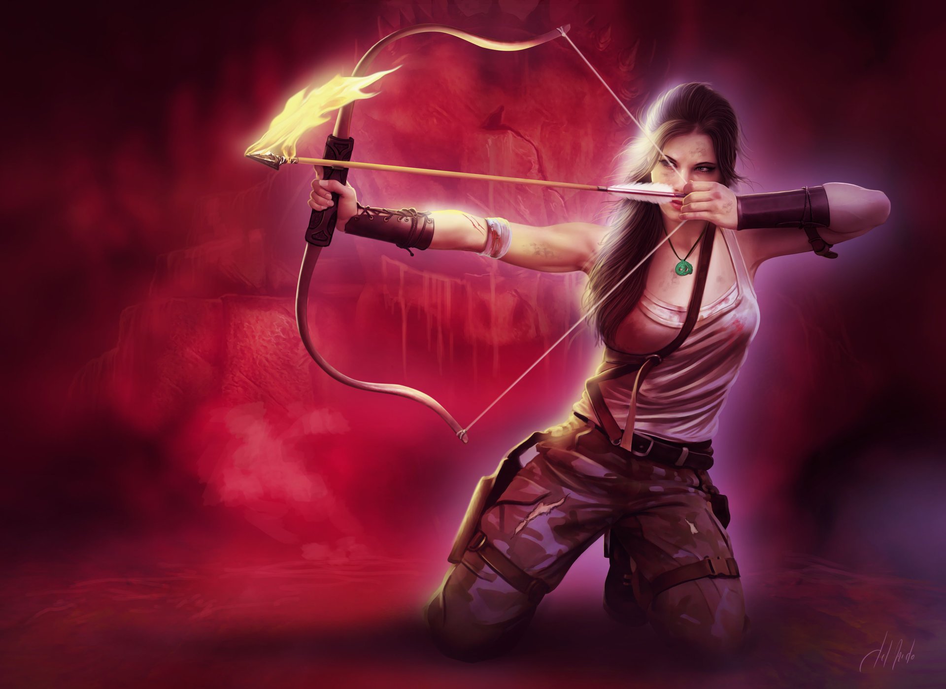 arte lara croft fuego tomb raider arco flecha chica arma