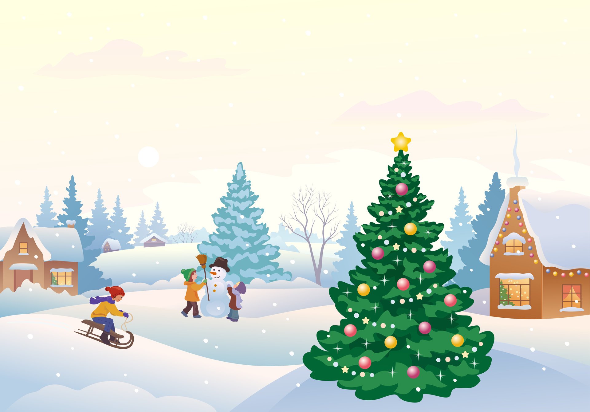 Рисунок зимы в деревне с ёлкой новогодней и детишками - обои на рабочий стол