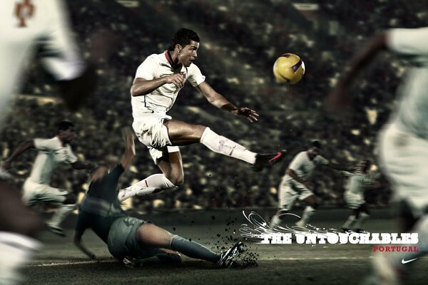 Cristiano Ronaldo in flight for the ball