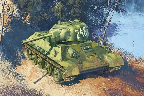 Нарисованный советский танк у озера