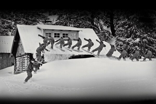 A shot from a black-and-white film about skiers in a snowy winter