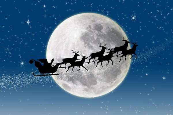 Silhouette of Santa Claus s sleigh and six reindeer on the background of the full moon