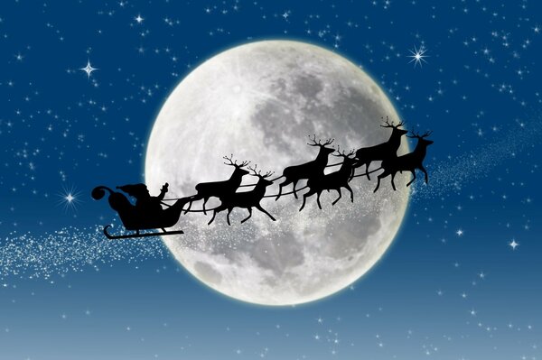Silhouette de traîneau et six Rennes du père Noël sur fond de pleine lune