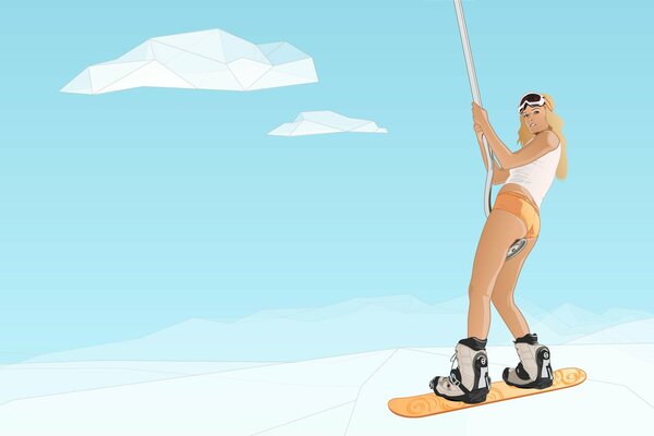 Naked girl on a snowboard stands in the snow