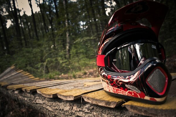 Casco en el bosque en la pista