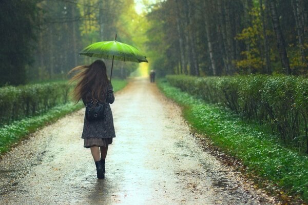 Una chica bajo un paraguas camina por un camino húmedo