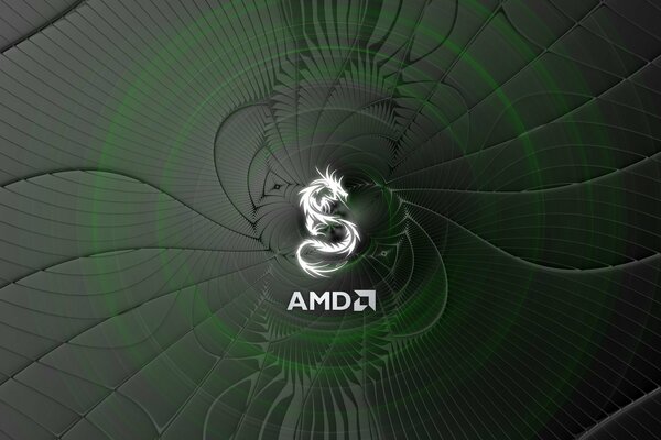 Logo AMD su sfondo scuro con cerchi verdi