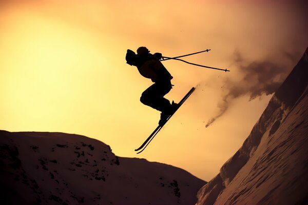 Jump in from the mountain on skis