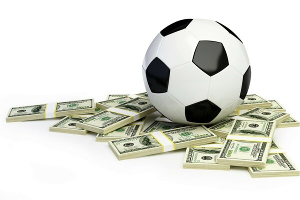 A soccer ball is lying on bundles of money