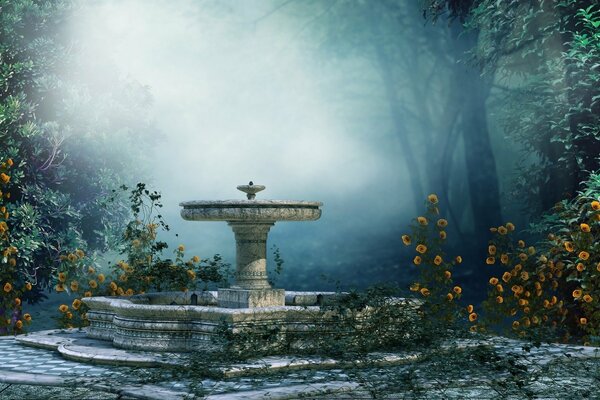 Fountain in the silence of the forest and the fragrance of flowers