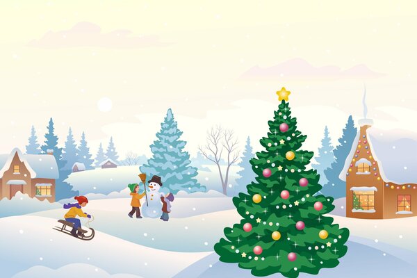 Zeichnung des Winters im Dorf mit einem Weihnachtsbaum und Kindern