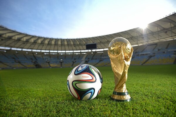 Ball und Meisterpokal im Stadion