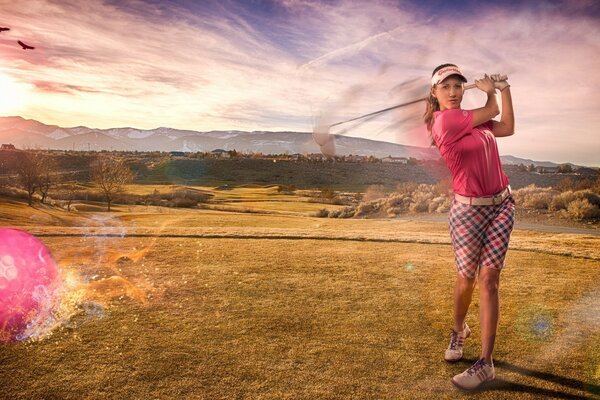 Chica jugando al golf en la naturaleza