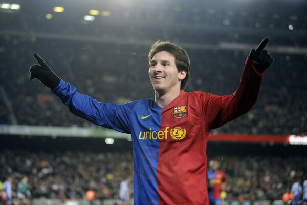 Primo piano di Lionel Messi alla partita di calcio di Barcellona