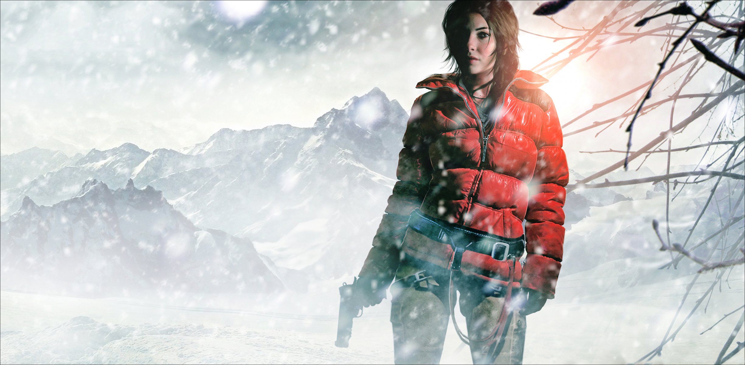 tomb raider subida de tomb raider subida de tomb raider lara croft chica pistola invierno nieve montañas viento