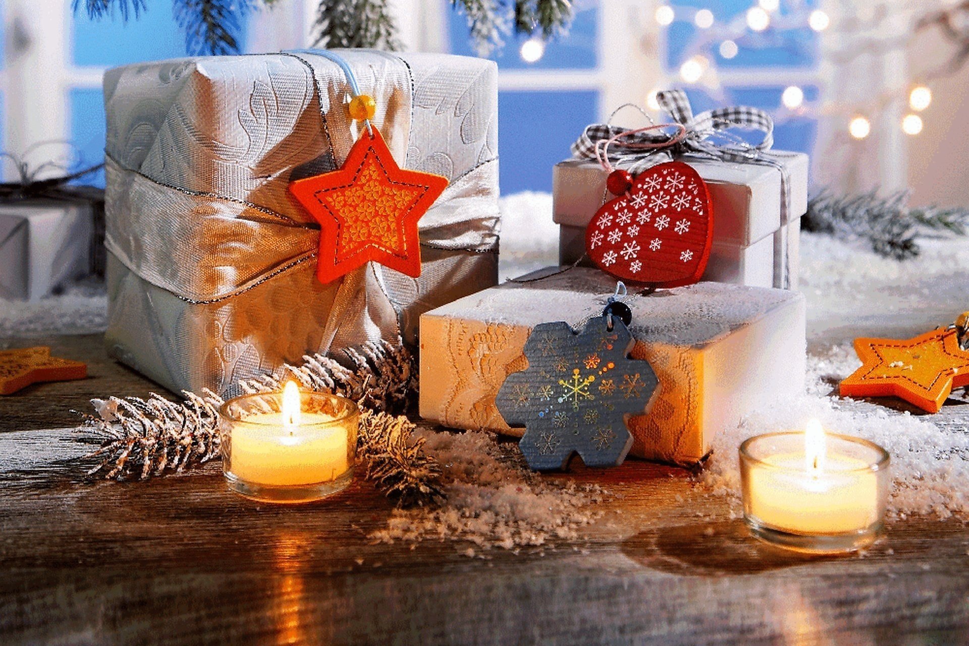 neujahr candles winter snow ribbon heart gifts snowflake weihnachten