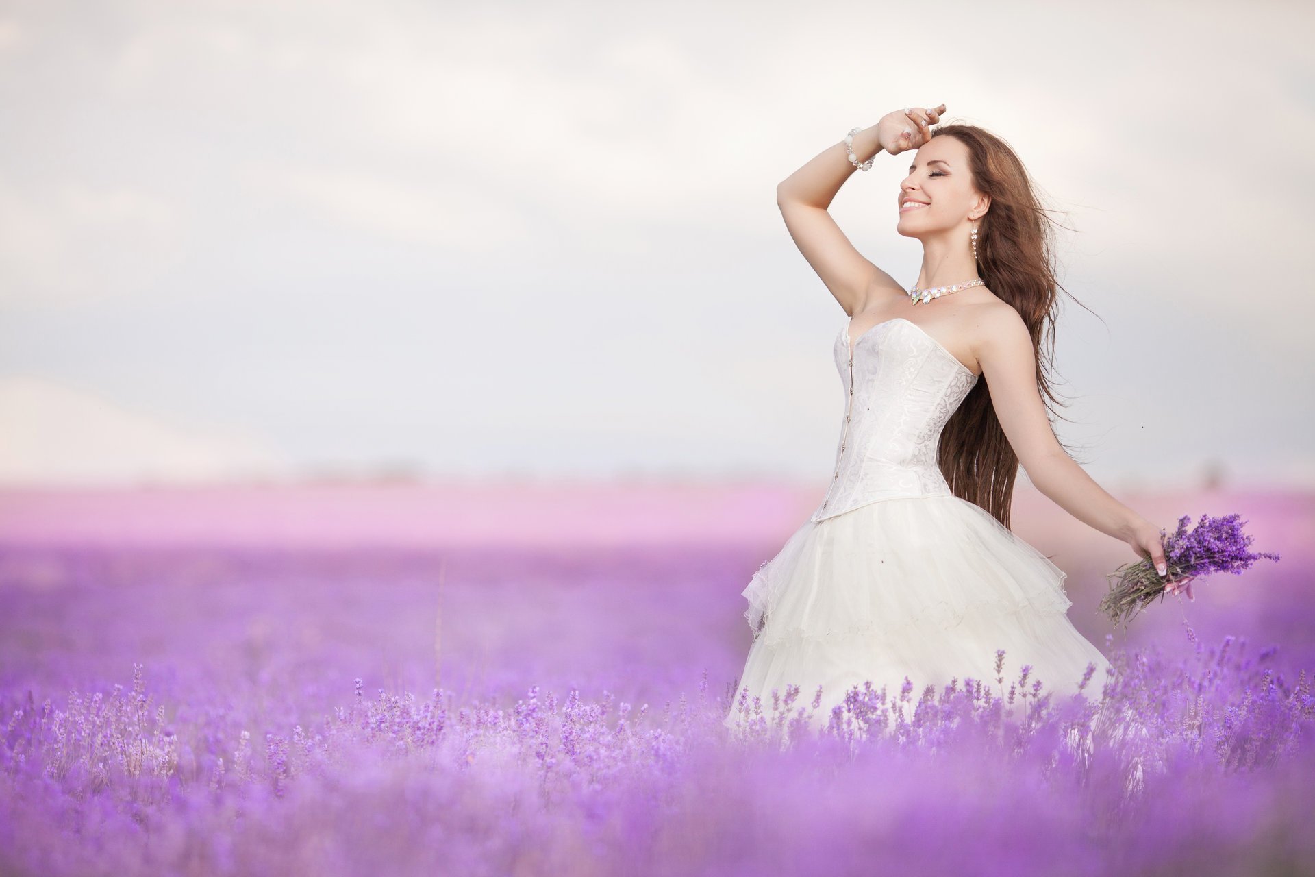 nature lavender field girl bride smile bouquet