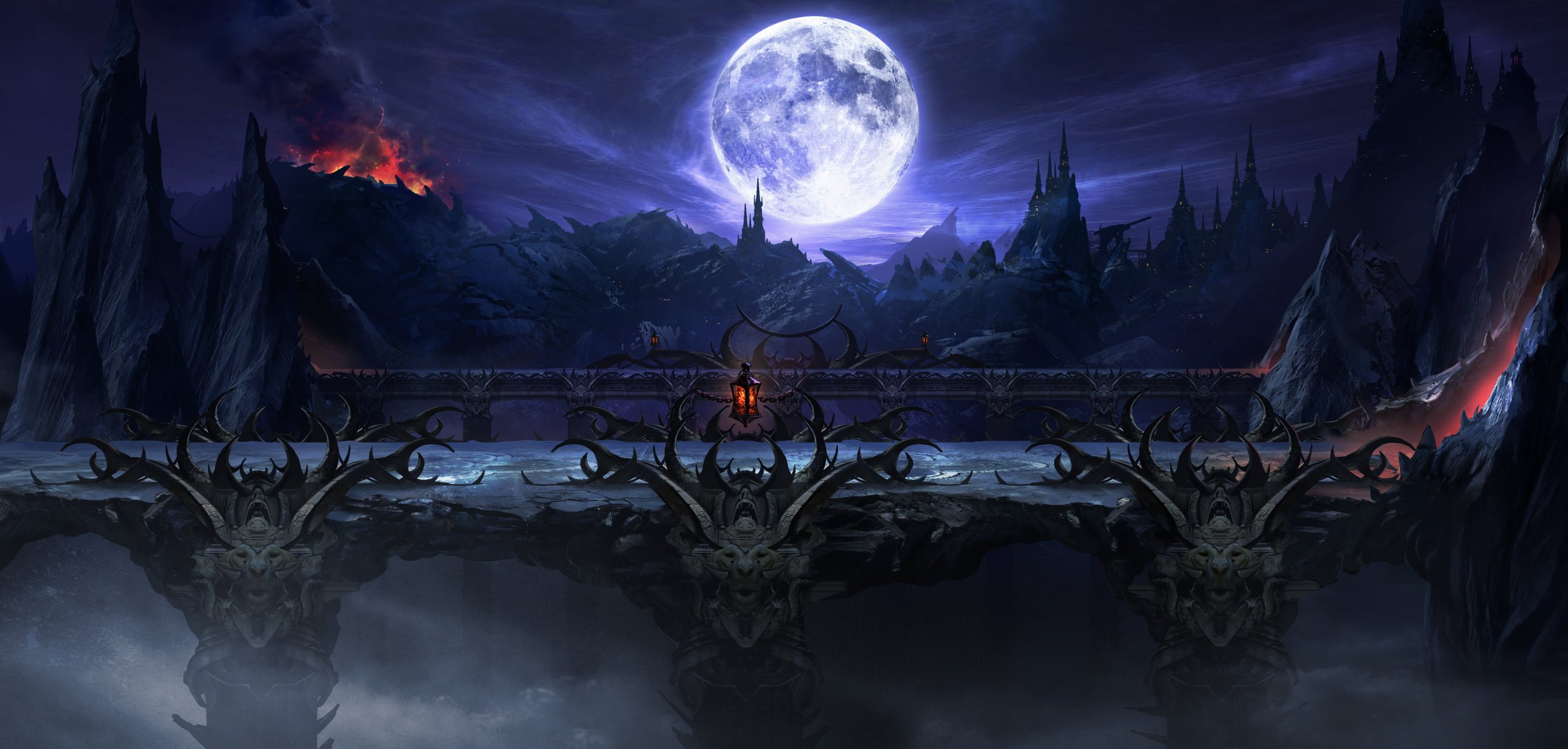 mortal kombat art night rocks castle landscape bridge the moon