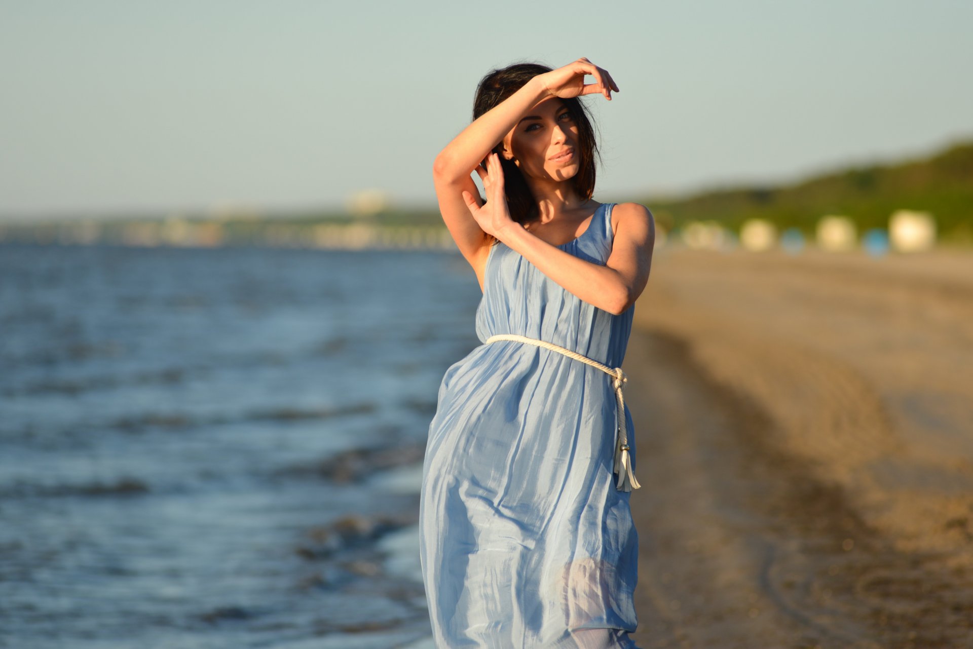 girl hair face view dress summer beach background