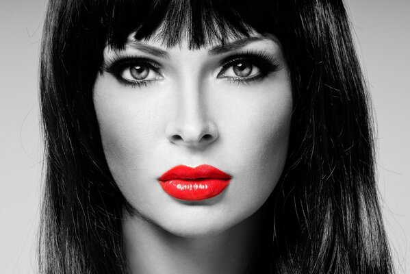 Contrast of black and white look and bright lips