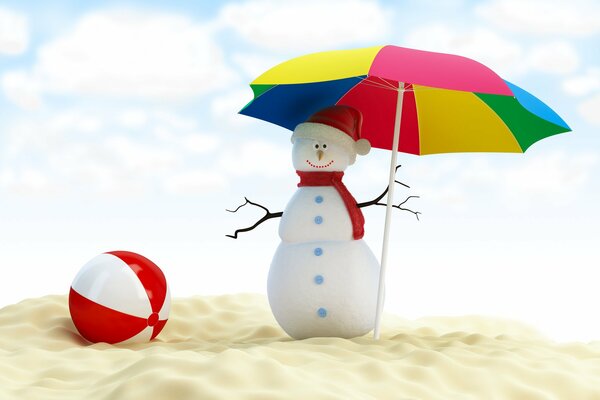 A snowman under a rainbow umbrella on the beach. A snowman on the beach under an umbrella with a white-and-red striped ball