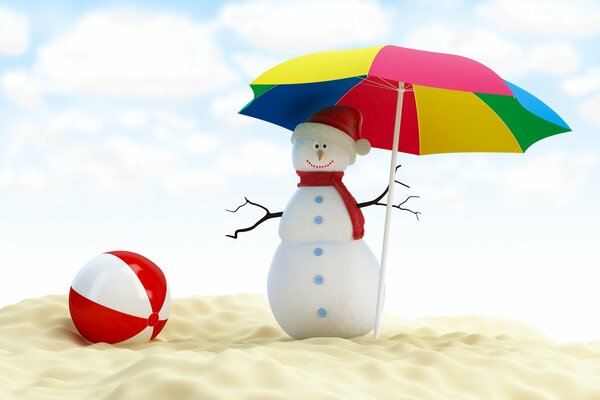 Bonhomme de neige sous un parapluie arc-en-ciel sur la plage. Bonhomme de neige sur la plage sous un parapluie avec une balle dans une bande blanche et rouge