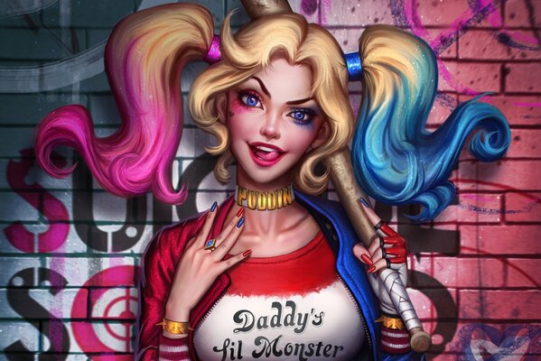 Harley Quinn avec une chauve-souris contre le mur