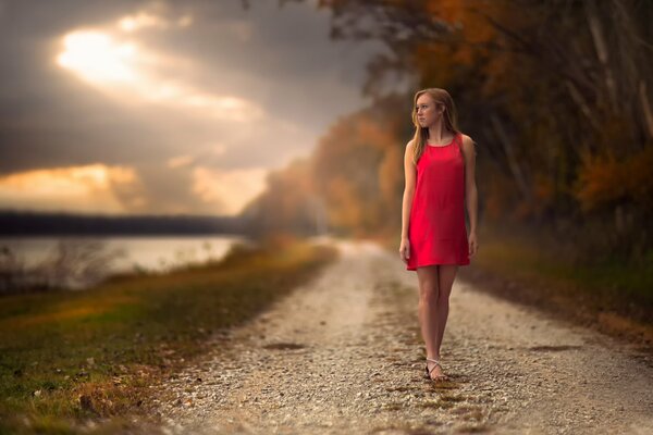 Linda chica en un vestido en el camino de otoño