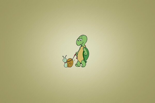 Eine gemalte Schildkröte geht mit einer Schnecke spazieren