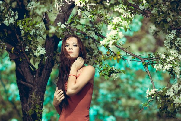 Mädchen in Soda unter einem blühenden Baum