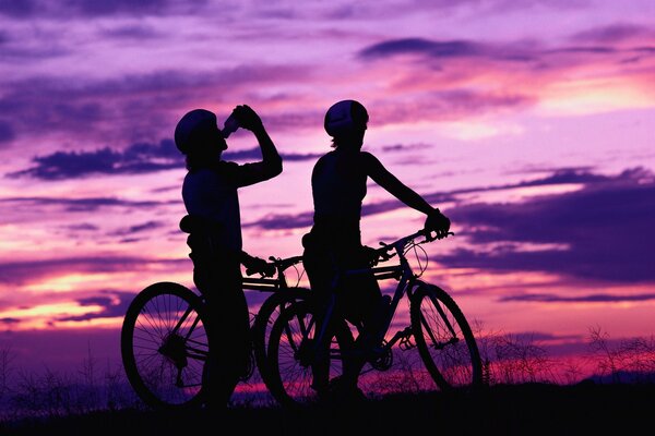 Cyclists on the background of a beautiful sunset