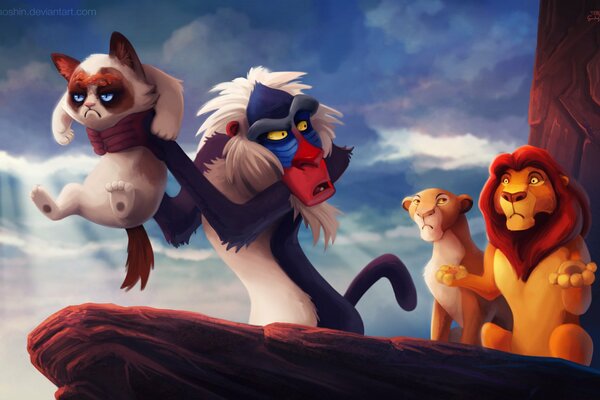 A monkey holds a cat in the Lion King cartoon