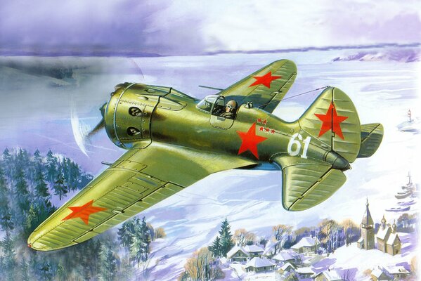 Soviet I-16 fighter in the winter sky