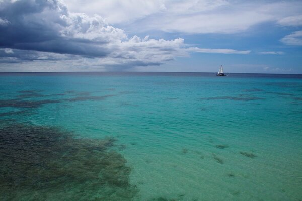 A serene sea and a yacht on the horizon