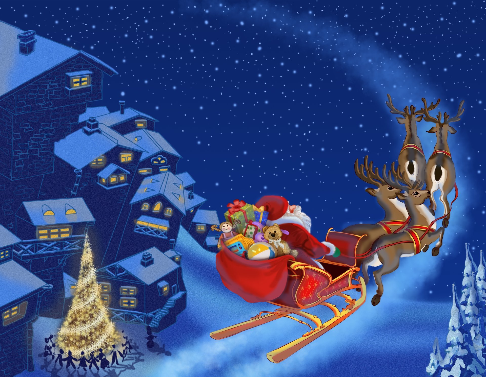 anta claus is coming snow new year town reindeer merry christmas christmas tree