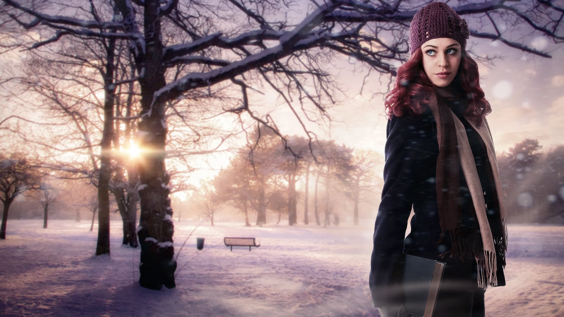 ragazza bellezza inverno fantascienza cappello sciarpa panchina neve sfondo alberi rosso sole libro natura