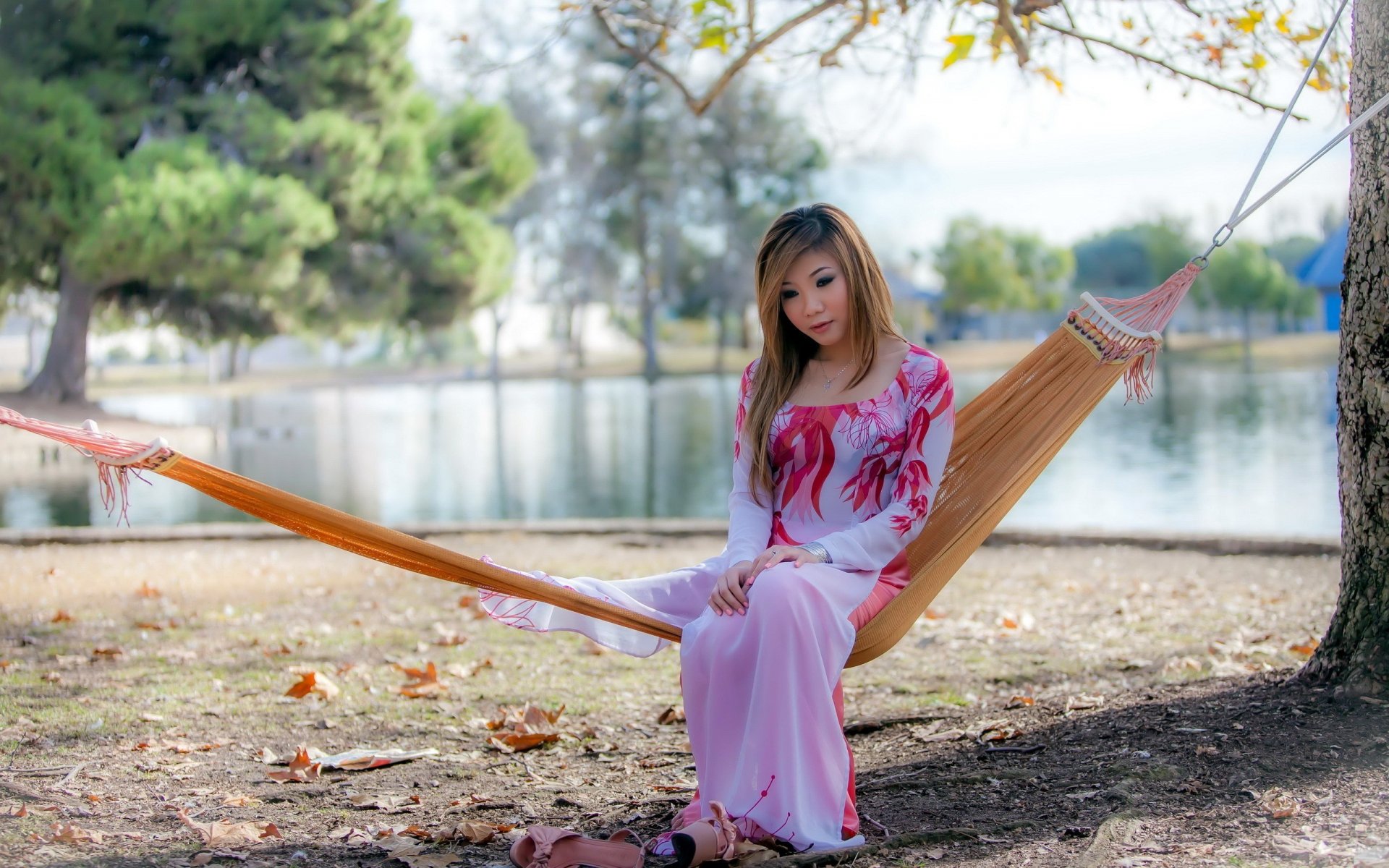 girl asian dress pose hammock nature