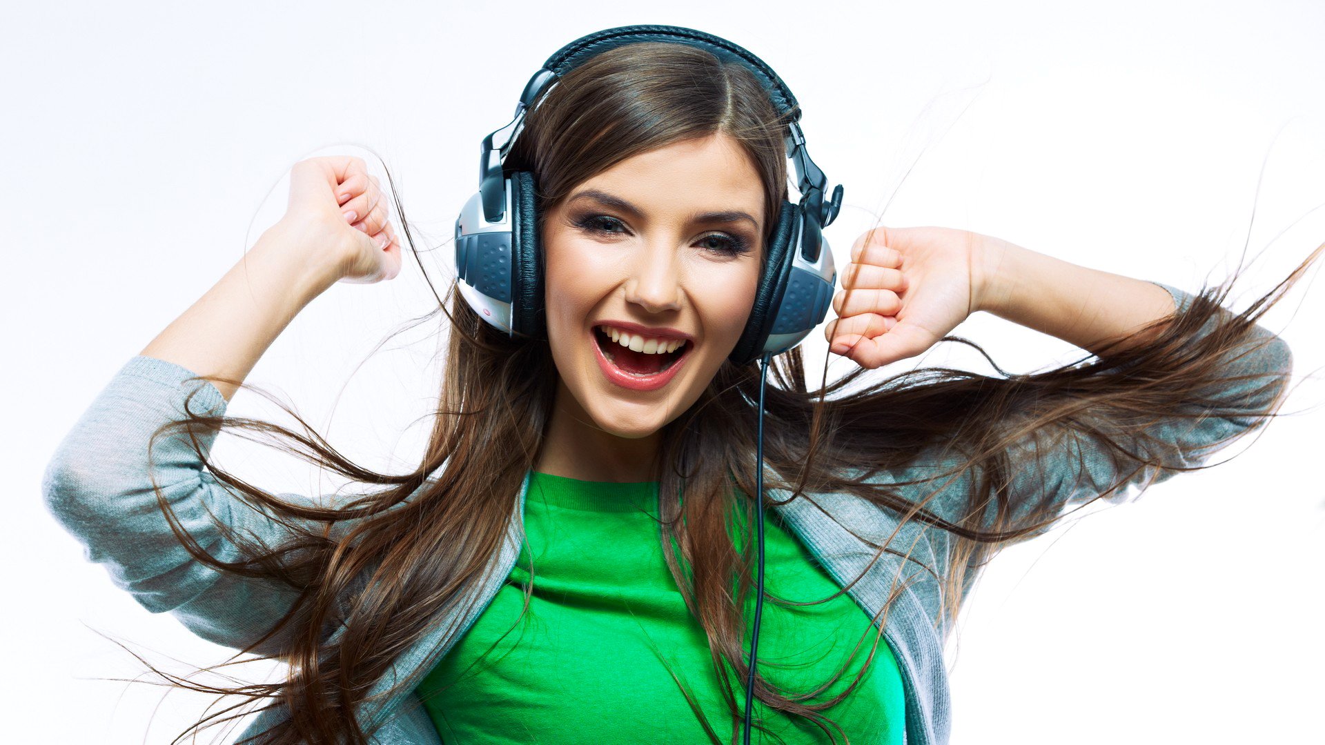 girl happiness delight view headphones music