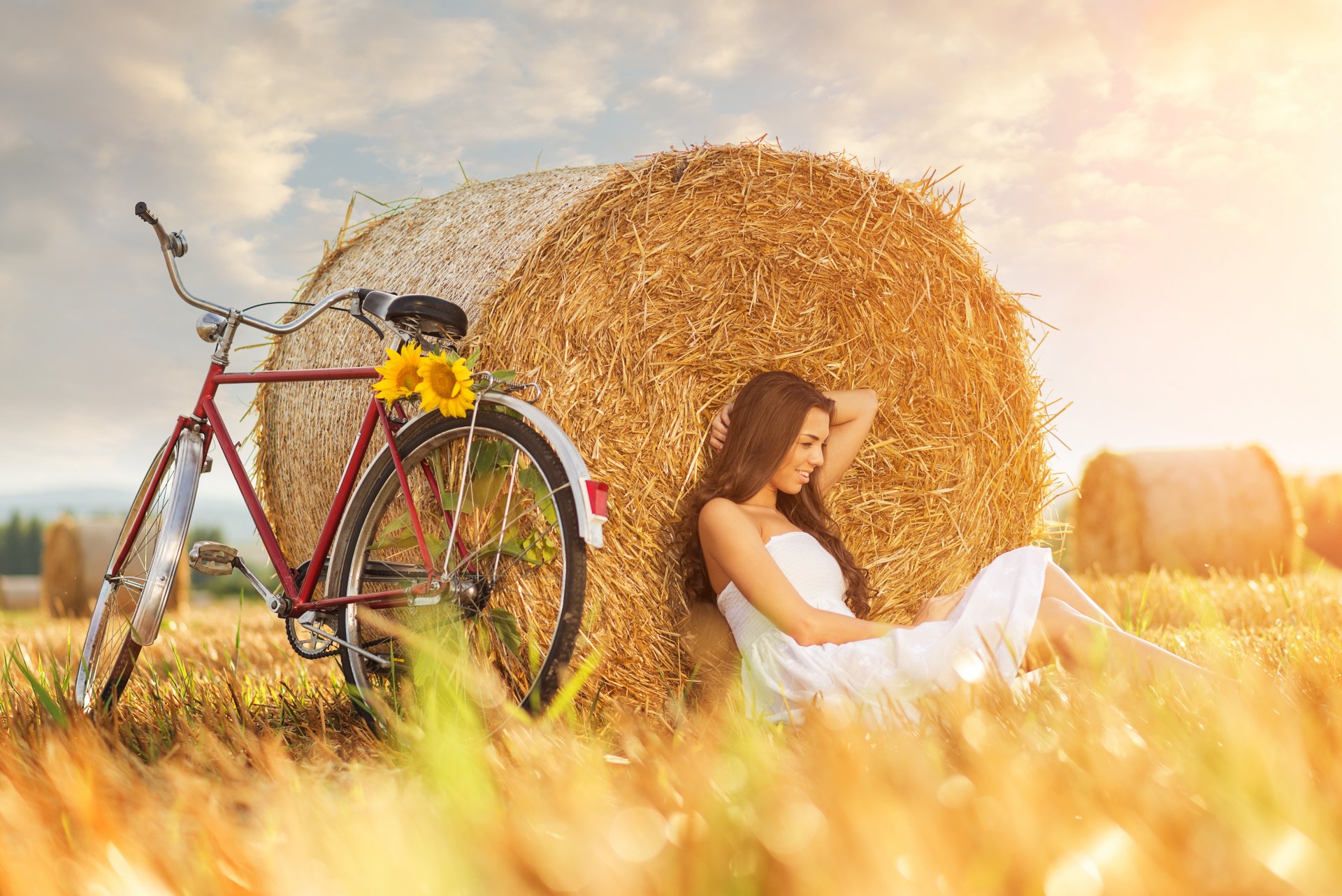 feld heuhaufen mädchen fahrrad sonnenblume feld heuhaufen mädchen fahrrad sonnenblume