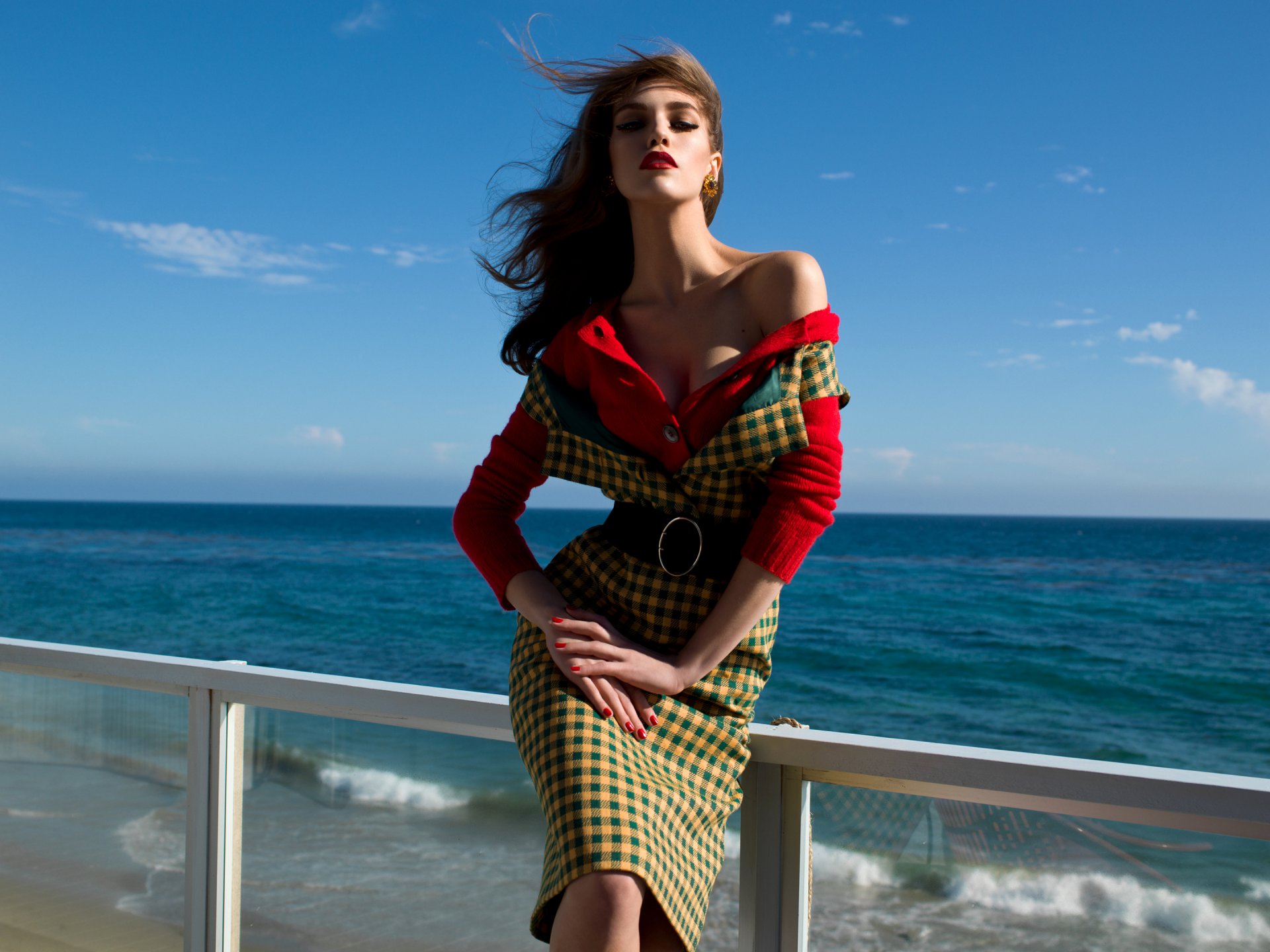 model brown hair sky sea view wind