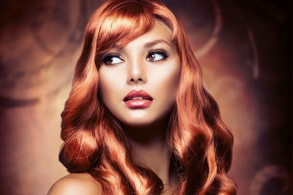 A girl with red wavy hair. Alluring makeup: eyelashes, lips, look