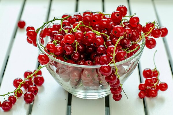 Bunches of red currants in a transparent bowl