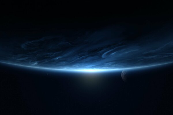Холодный космический пейзаж с синей планетой