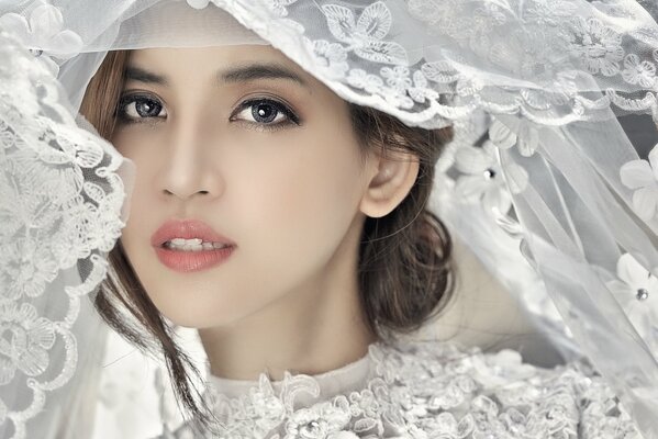 Asian bride in white wedding dress