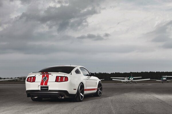 White mustang at the aerodrome with airplanes