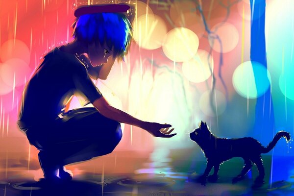 Junge mit Katze im Regen im Anime-Stil