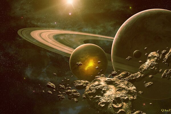 Saturn von Satelliten hinter Asteroiden im Weltraum