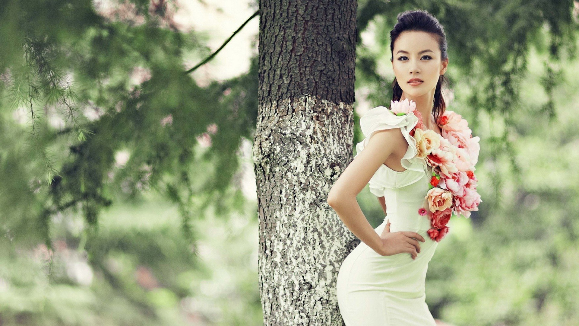 girl asian beautiful cute slim figure waist ass pose view face white dress park tree