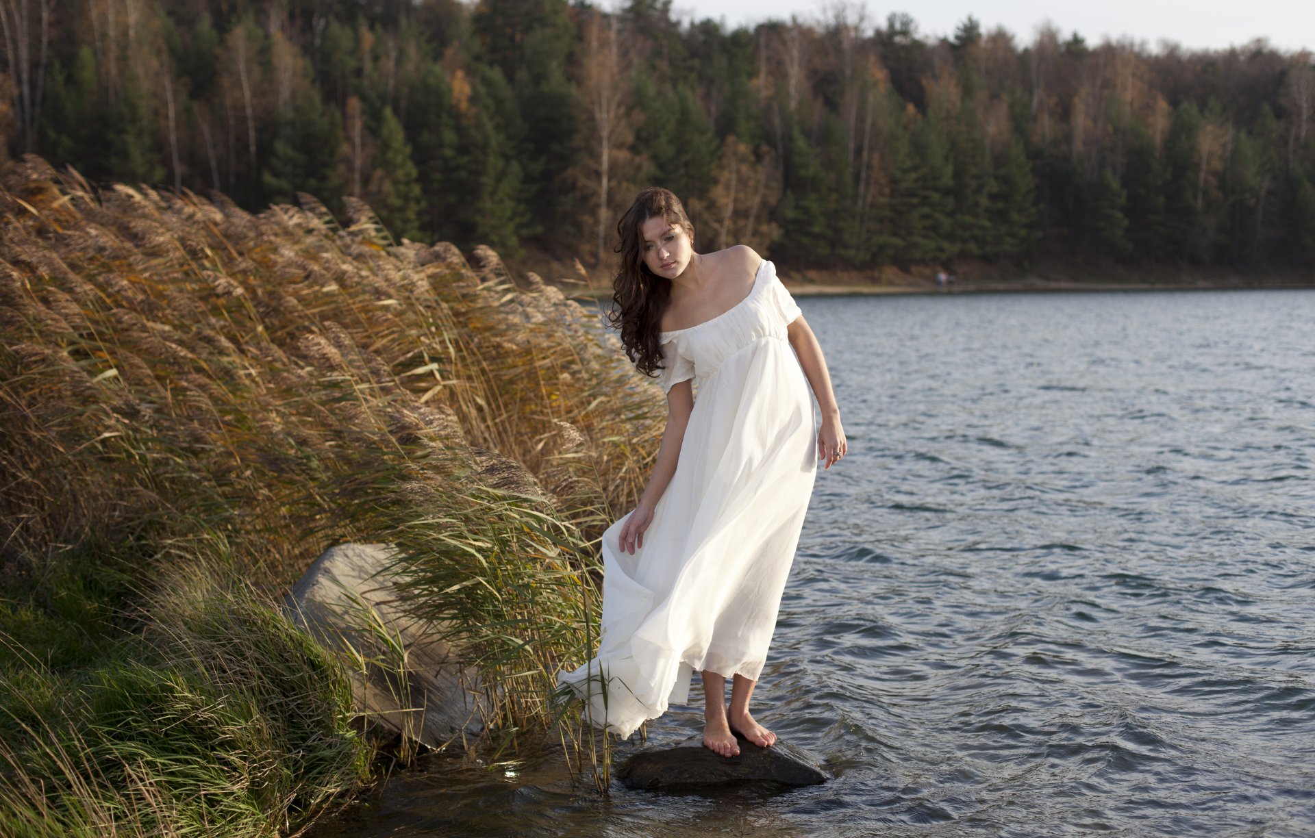 girl brown hair dress wind river forest