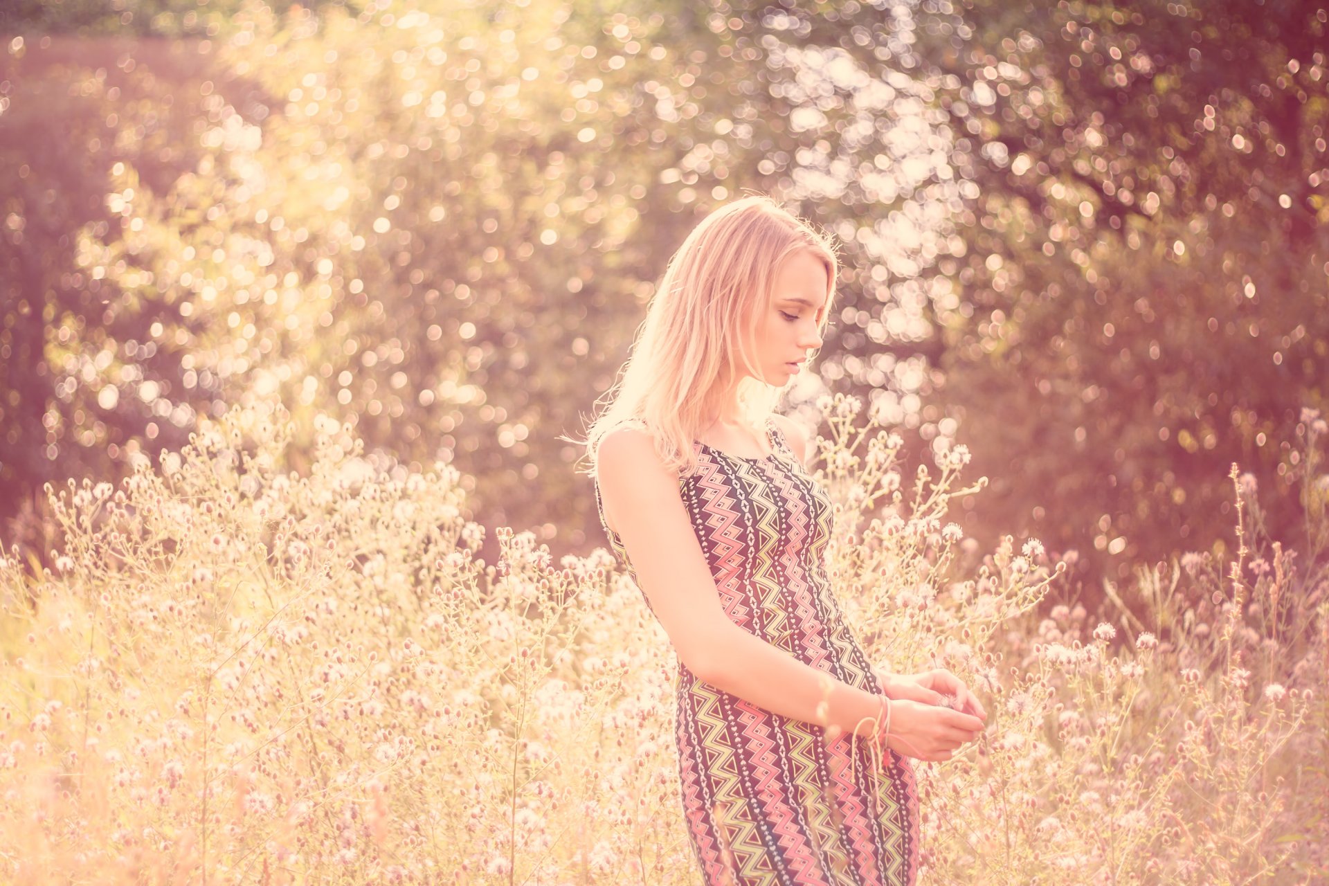 girl blonde dress pose nature